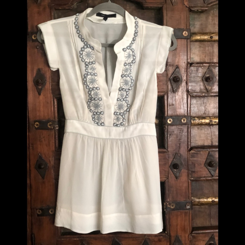 BCBG MAXAZRIA Embellished Silk Tie-back Top-Lg